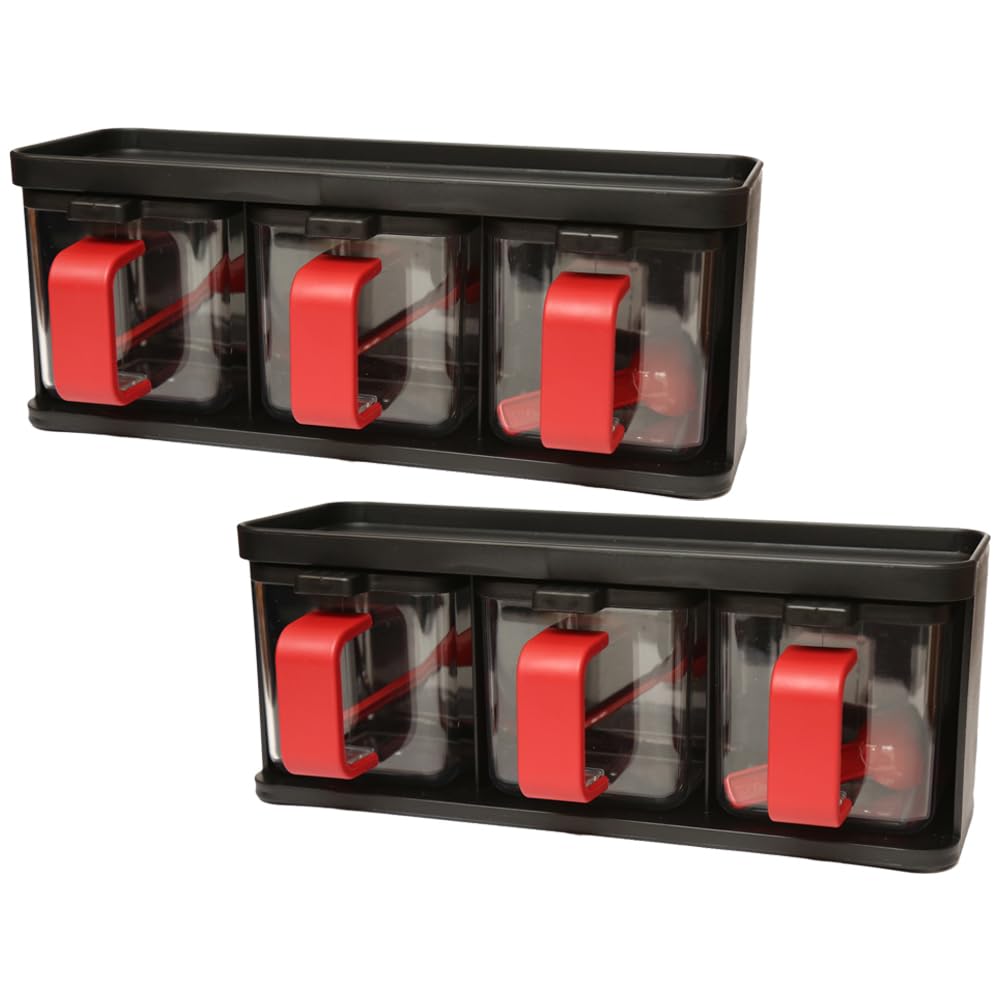 M1ss Black (Set Of 2) - 3 Piece Spice Jars 3 Grids Spice Rack With Spoons Lid And Handle Plastic Storage Container Canister Seasoning Box Herb Spices Tea Coffee Sugar Salt Storage Set Spice Pots -(Black)