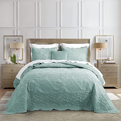 Image of HZ & HY Oversized King Bedspread, Stitched Paisley Quilt Set King /Cal King, Lightweight Reversible Coverlet, Scalloped Edge - Fresh Classic Look, 5 Piece, Aqua Sky