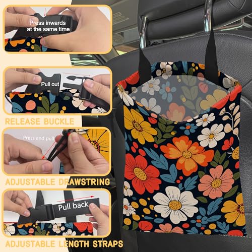 Image of Colorful Flowers Car Trash Bag, Hanging Drawstring Car Garbage Bag,Canvas Car Back Seat Organizer with Adjustable Buckle for Men and Women