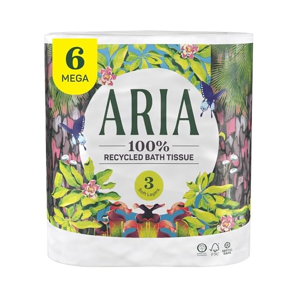 Aria 100% Recycled Toilet Paper, 1 Pack of 6 Rolls, 3 Soft Layers of Bath Tissue with Recyclable Paper Packaging