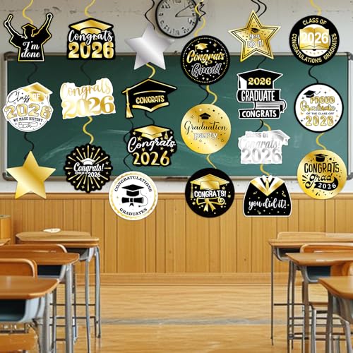 Image of 40Pcs Graduation Party Hanging Swirl Decorations, Black Glod Class of 2026 Congrats Grad Hanging Swirls Ceiling Decorations for 2026 Graduation Party Decor Supplies