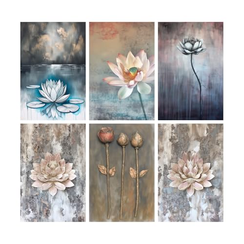 Image of SiddArtify Serene Lotus Flower Art Print Set - Teal Grey and Rose Gold - 300GSM Board - 8x12 Inch - Pack of 6 Wall Room Decoration art Poster Prints