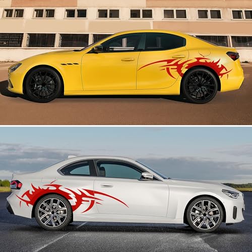 Image of TOMALL 2Pcs 66'' Flame Graphics Stickers Car Body Side Skirt Decals Racing Sports Stripe Decals for Car Universal Vinyl Waterproof Large Decal Decoration for Truck Off-Road Vehicles Accessories (Red)