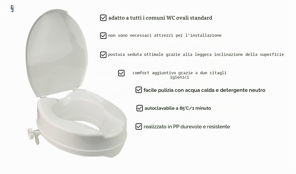 Stock-Fachmann® Rialzo per WC Smart In da 5 cm, 10 cm o 15 cm, con coperchio o senza coperchio, per anziani, colore bianco, portata 200 kg (5 cm con coperchio)