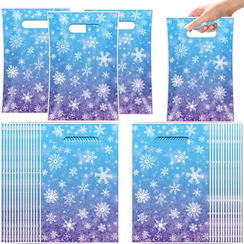 FUULOXE 60 Pcs Snowflake Party Gift Bags with Handle Blue and Purple Wonderland Iced Plastic Goodie Bags Treat Bags for Holiday Birthday Christmas Winter Party Supplies