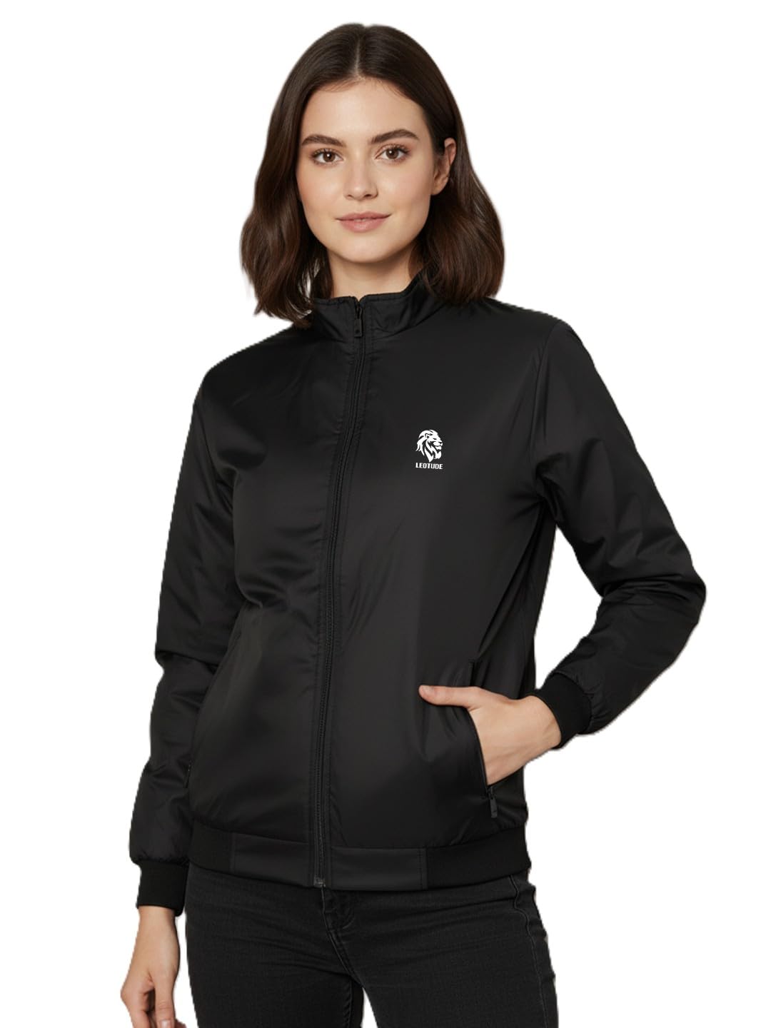 leotude Women’s Casual Windcheater Jacket, Stylish Zip-Up with Elastic Cuffs, SIde Pocket & Water Repellent Finish Poyster Jacket for Woman (Colour: Black)-picture-16