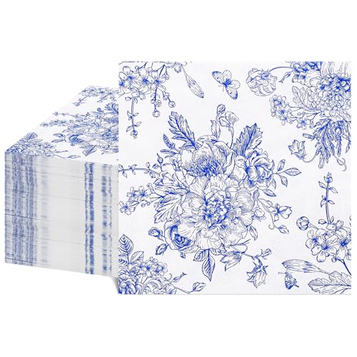 NatNarr 100 Pcs Blue Floral Napkins Blue and White Toile Cocktail Napkins Vintage Flower Butterfly Design Chinoiserie Paper Napkin for Decoupage Wedding Bridal Shower 5 x 5 Inch