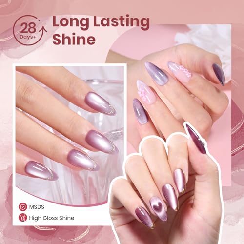 Image of Beetles Purple Cat Eye Gel Polish Nail Set, 6 Colors Glitter Gel Polish | Magnetic Cat Eye Gel Purple Red Pink Gel Polish Kit Soak Off UV Ceramic Rose Collection Manicure Gift for Women
