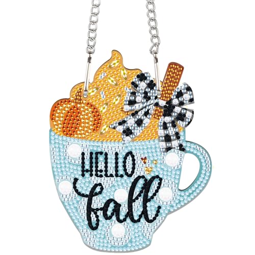 Image of AiYuanzsh Hello Fall Diamond Painting Hanging Kit, 5D DIY Cup Shaped Ornament, Crystal Rhinestone Diamond Art Pendant for Window, Door or Wall Decoration, Thanksgiving Autumn Home Decor Craft Gift