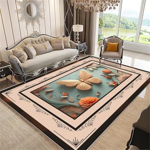 Tapis chambre adulte tapis de salon unicolore bleu motif papillon 3D - 2