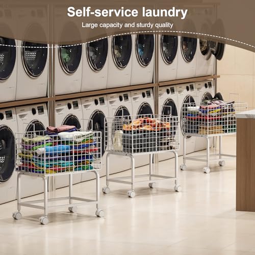 Image of Wire Laundry Hamper Cart,80L Laundry Hamper Trolley with Pull Handle,White High Laundry Basket Cart for Laundry Room,Bathroom,Bedroom-White（23.6 * 15.75 * 28inch）