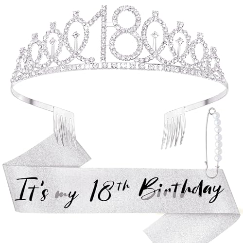 DRESHOW 18 Geburtstag Krone und Schärpe für Damen 18 Geburtstag Mädchen Schärpe & Strass Tiara Set Geburtstag Dekorationen Haarschmuck Glitter Schärpe für Party DRESHOW 18 Geburtstag Krone und Schärpe für Damen 18 Geburtstag Mädchen Schärpe & Strass Tiara Set Geburtstag Dekorationen Haarschmuck Glitter Schärpe für Party