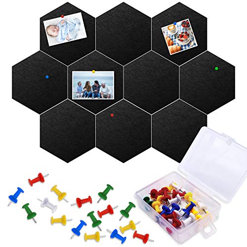 10 Packs Pin Board Hexagon Cork Board Tiles, Owlbbabies Self-Adhesive Bulletin Board Memo Board Notice Board with 20 Pack Color Push Pins for Home Office Classroom Wall Decorations, 5.9 x 7 inches