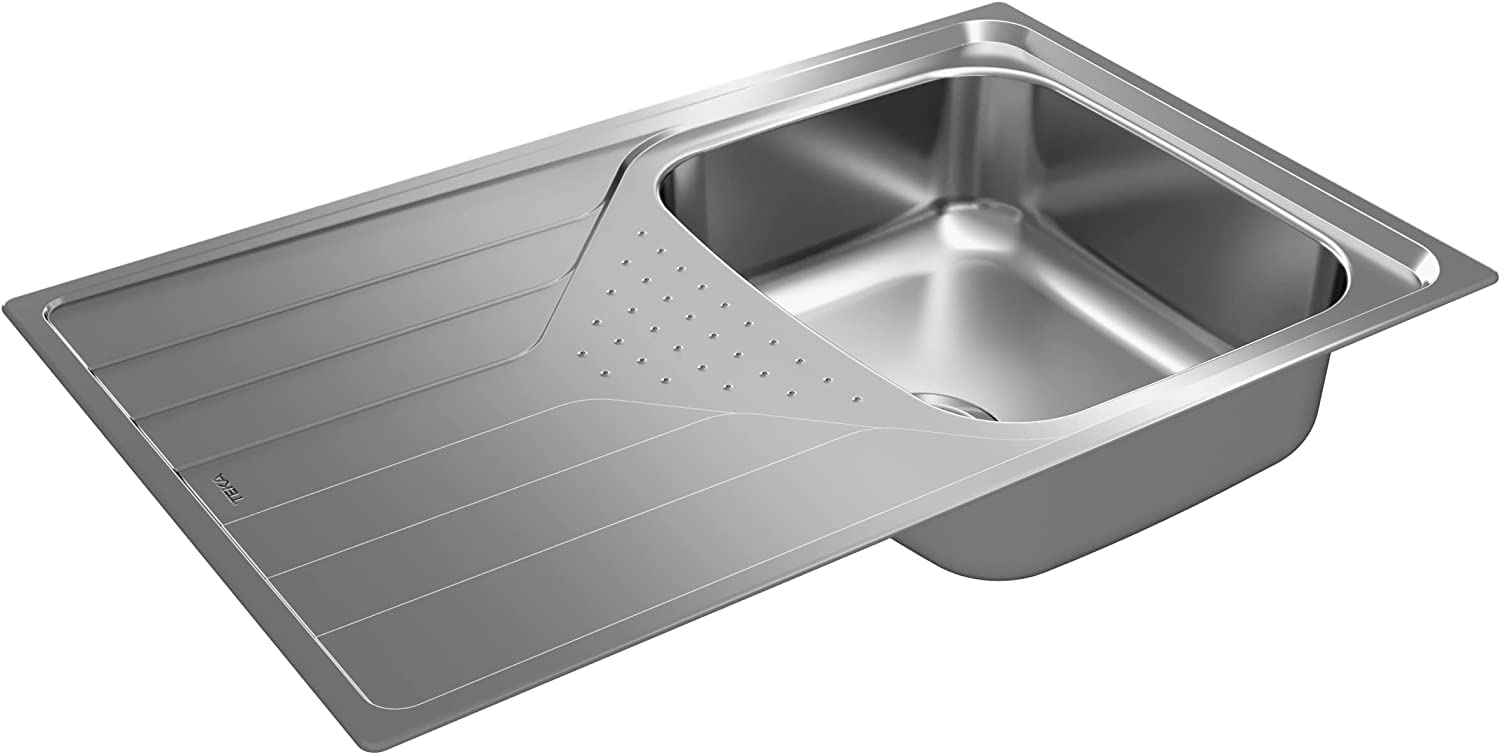 TEKA Fregadero Encastrado 1 Cubeta con Escurridor Izquierda, Acero Inoxidable Pulido, Profundidad 170 mm, Mueble 45 cm, Válvula Manual con Canasta y Sifón, Universe 45 T-XP 1C 1E