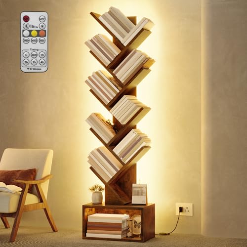 Image of Hoctieon 9 Tier Tree Bookshelf, Tall Bookcase, Freestanding Book Shelf with LED Lights, Display Floor Standing Storage Shelf, Book Organizer Shelves for Home Office, Living Room, Rustic Brown