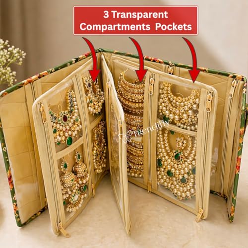 Image of Trendifly Cotton Blend Foldable Multipocket Jewellery Suitcase Women Embroidery Travelling Jewelry Sutcase Bag 5 Transparent Pockets Earrings Necklace Bangles Rings Girls (Flower Green)