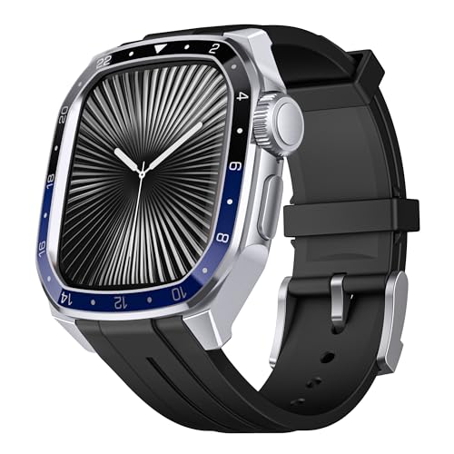 Bracelet Apple Watch 44mm avec coque silicone et métal argent bleu pour série 6 5 4 SE