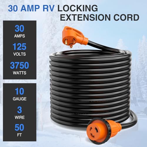 Image of Nilight 30 Amp 50FT RV Locking Extension Cord 125V Heavy Duty 10 Gauge Pure Copper STW Wire ETL Listed 3 Prong TT-30P L5-30R 30F /30M Weatherproof Suit for Camper Trailer
