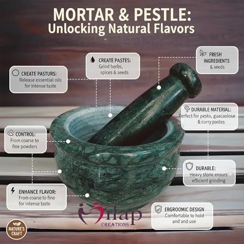 Image of Green Marble Mortar and Pestle Set Stone 4 Inch, Khalbatta, Imamdasta, Kharal, Kundi, Okhli, Musal, Mixer, Silbatta Kitchen tool for Grinding Ingredients.
