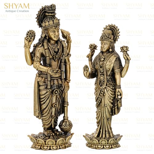 Image of Set of Brass Lakshmi Vishnu Ji Standing Murti Vishnu Laxmi Idol Lakshmi Narayan Statue for Home Temple Diwali Pooja Gifting Purpose