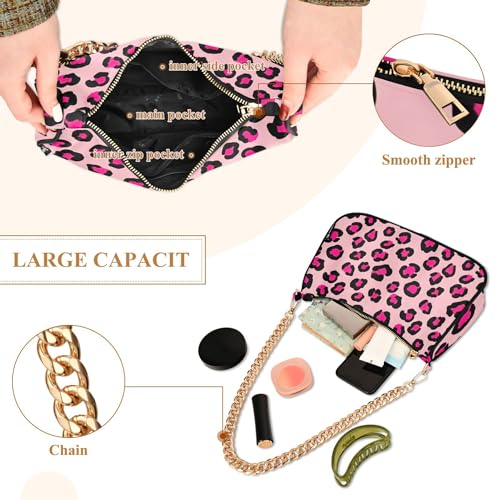 Zipper Ladies Shoulder Bag Floral Pink Black Leopard Spots Medium Handbag Tote Pattern Womens Small Hobo Purse with Chain Strap4