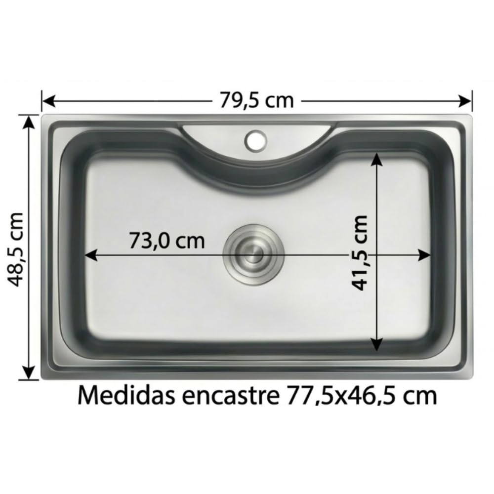 Ares Fregadero Cocina Acero Inoxidable AISI 304 80x49 cm - 1 Seno - Sobre Encimera - Resistente y Fácil Limpieza - Gran Cubeta 23 cm de Profundidad