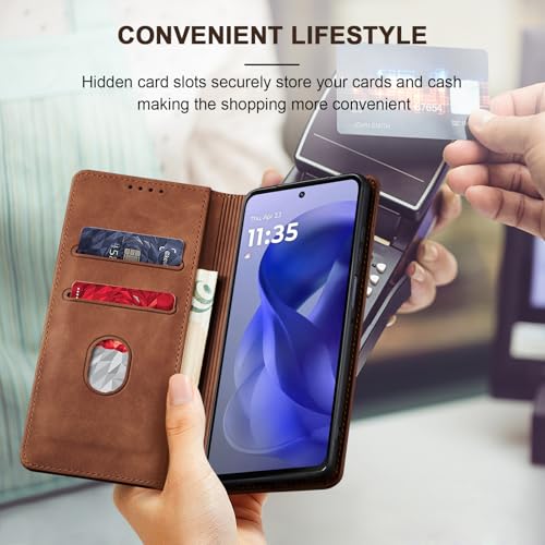 Image of Jasonyu Flip Wallet Case for Moto G Power /Play (2025),Leather Magnetic Folio Cover with Card Holder,Kickstand - TPU Shockproof Durable Protective Phone Case,Brown
