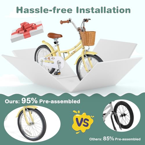 Image of BABY JOY Retro Kids Bike, 12 14 16 18 Inch Child Bike for 3-8 Years Old w /Rattan Basket, Adjustable Height, Training Wheels, Fenders, Handbrake Coaster Brake, 95% Pre-Assembled Kids Bicycle for Girls