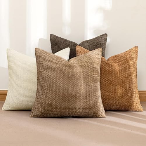 Image of MIULEE Pack of 4 Brown Couch Throw Pillow Covers 22x22 Inch Soft Decorative Chenille Pillows Farmhouse Accent Cushions for Boho Home Decor Spring Sofa Bedroom Living Room