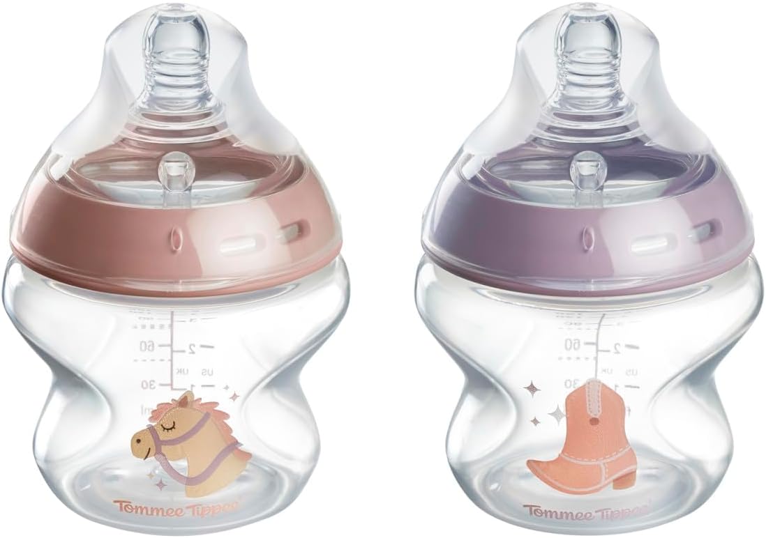 Tommee Tippee Natural Start Baby Bottles for 0m+, Pack of 2, 5oz Baby Bottles, with Slow Flow Breast-Like Nipple for a Natural Latch, Self-Sterilizing and BPA Free, Decorated