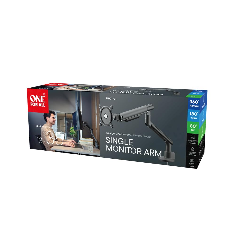Braccio universale per monitor One for All - 13-35 pollici - VESA 75/100 mm - Regolazione dell'altezza - Inclinazione (80°), rotazione (180°) e rotazione (360°) - 9 kg per schermo - Nero (DM7110)