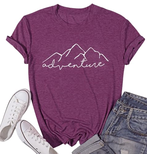 Hiking Camping Workout Tees Mountain Adventure Graphic Shirts for Women Summer Fitness Muscle Athletic Shirts Beach, Purple M