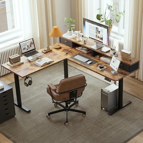 Image of Agilestic L Shaped Electric Standing Desk with 2 Drawers, 63 Inch Ergonomic Adjustable Height Desk with Storage, Corner Desk Sit Stand up Computer Table for Work Office Home, Rustic Brown
