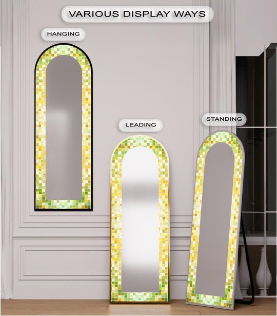 Lime Glow Harmony - Specchio da pavimento con mosaico verde fresco, lunghezza completa, 50,8 x 160 cm (larghezza x altezza), con cornice nera e cornice dorata