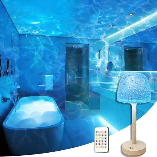 Kzictrs Cordless Waterproof Shower Lamp Rechargeable Bathroom Lamp with Remote & Touch Control 16 Color Changeable Ocean Wave Projector Light Spa-Like Mood Light for Bathtub/Shower (Beige)