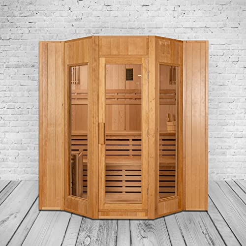 trends4cents PureHaven Finnische Sauna 175x200x200 cm Harvia Saunaofen für 4 Personen Hemlockholz komplettes Zubehör Saunasteine Glastür Thermometer Beleuchtung