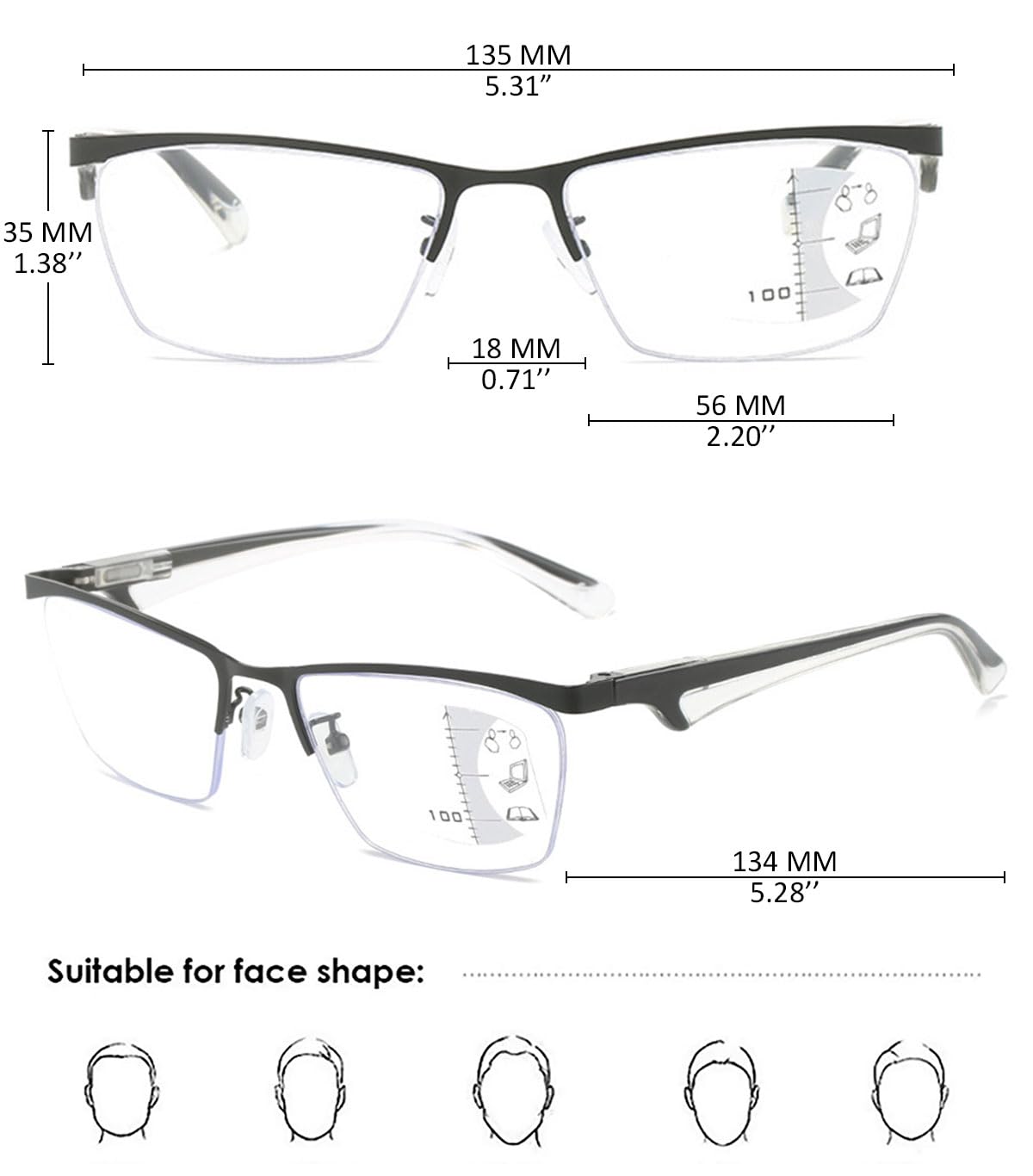 KOOSUFA Gleitsichtbrille Progressive Multifokus Lesebrille Herren Damen Metall Halbrand Anti-Blaulicht Lesebrillen Federscharnier Lesehilfe Arbeitsplatzbrille 1.0 1.5 2.0 2.5 3.0 3.5