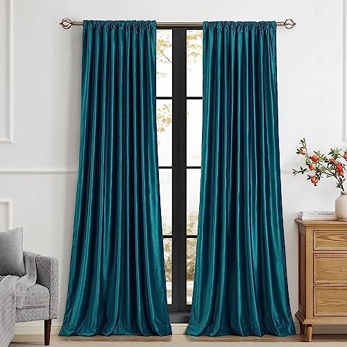 Image of PRIMROSE Teal Velvet Curtains 72 inches Long for Living Room,Luxury 2 Panels Room Darkening Rod Pocket Back Tab Curtain Elegant Thermal Insulated Heavy Soundproof Decorative Window Drapes for Bedroom