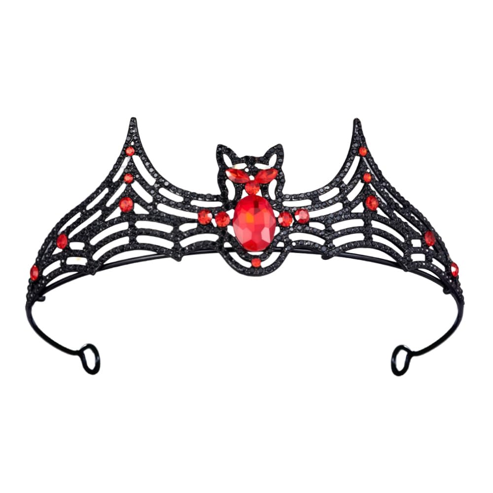 Halloween Tiara Bat Shape Crown Women Crystal Crown Gothic King Queen Tiara Vintage Black Rhinestone Tiara Headband Girl Princess Hair Accessories for Party Headpiece Halloween Costume (Red)