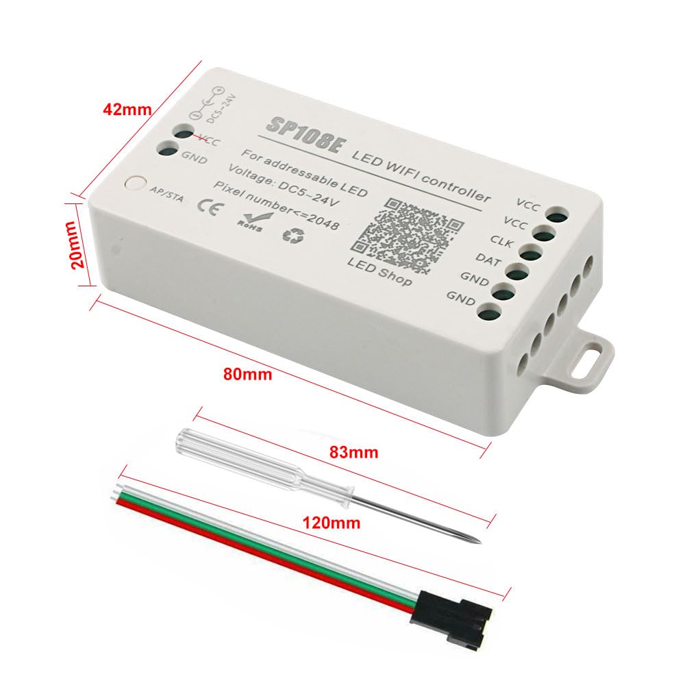 VIPMOON SP108E Contrôleur LED WIFI DC 5V-24V pour Bande LED IC SK6812 SK6812-RGBW WS2812 WS2813 WS2815 AL2815,180 modes dynamiques et DIY pour ajuster Couleur,Eclat,Vitesse,facile à utiliser.