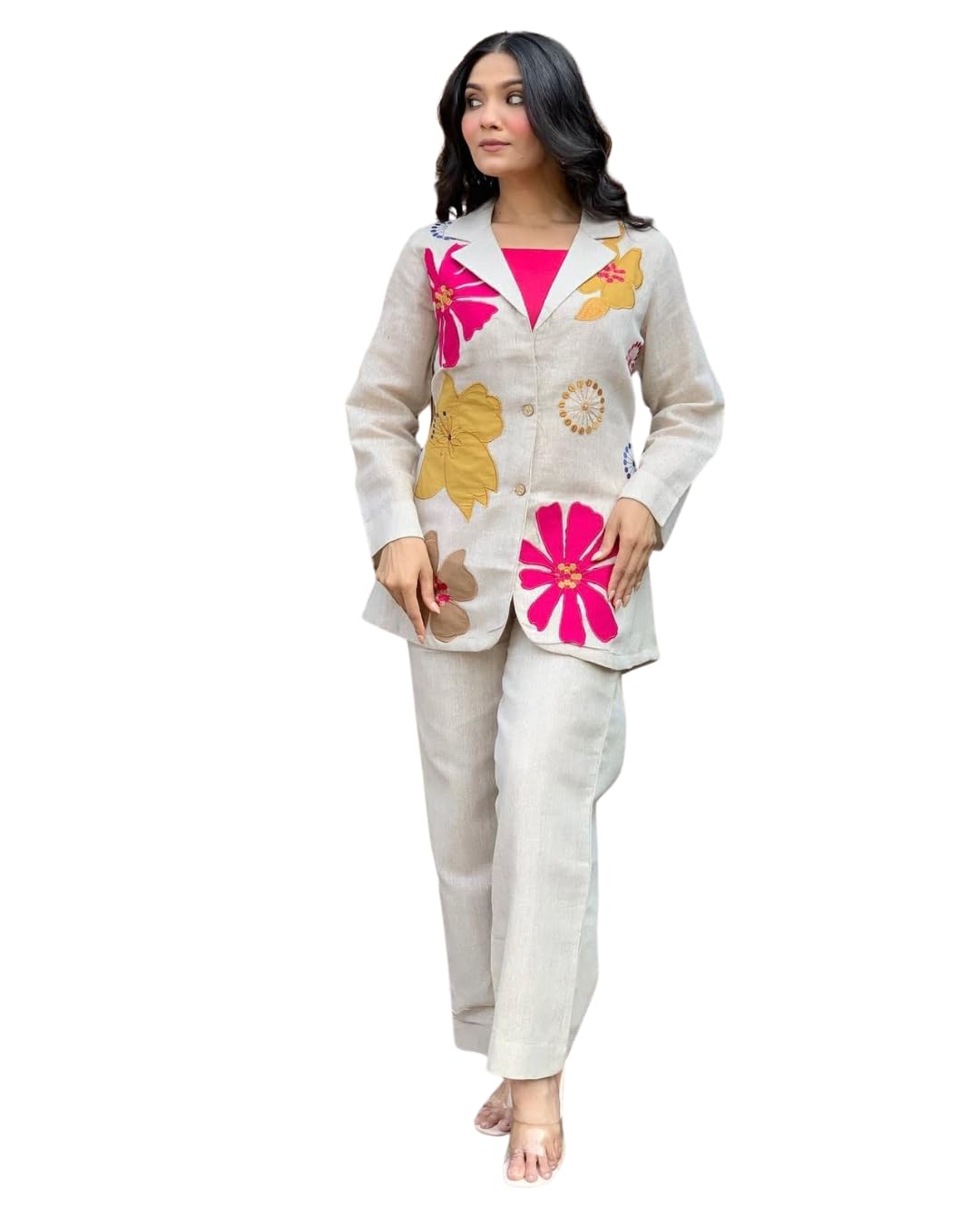 Women’s Floral Print Beige Pantsuit with Pink Inner Top – Stylish Notched Lapel Blazer & Matching Trousers