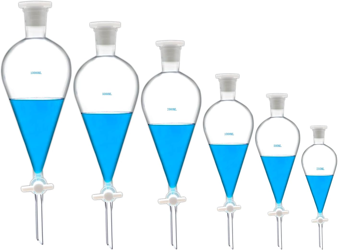 Borosilicate Glass 1000ml Heavy Wall Conical Separatory Funnel with 24/29 Joints and PTFE Stopcock - 1000ml