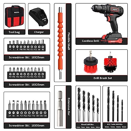 Image of PULITUO Cordless Drill Set, 20V /2.0Ah Electric Power Drill, Torque 45N.m, 25+1 Torque Setting,1 /2 inch Keyless Chuck, 2 Variable Speed Setting, with 43 PCS Bits, Storage Bag