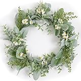 Weldomcor Daisy Wreath for Front Door, Greenery Wreath with Artificial Berries Flocked Rabbit Ear Leaves for Spring Summer Indoor Outdoor Farmhouse Home Porch Wall Window Wedding Festival Decor