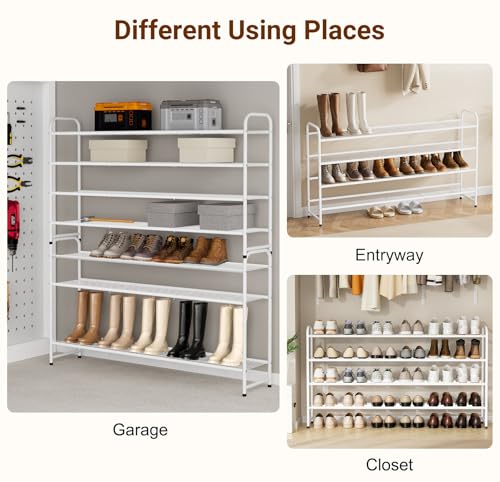 Image of KEETDY 4-Tier Long Shoe Rack for Closet Floor, Wide Shoe Organizer Storage, Stackable Shoe Rack for Entryway Metal Shoe Shelf for 30 Pairs Men Sneakers with Wire Grid for Bedroom, White