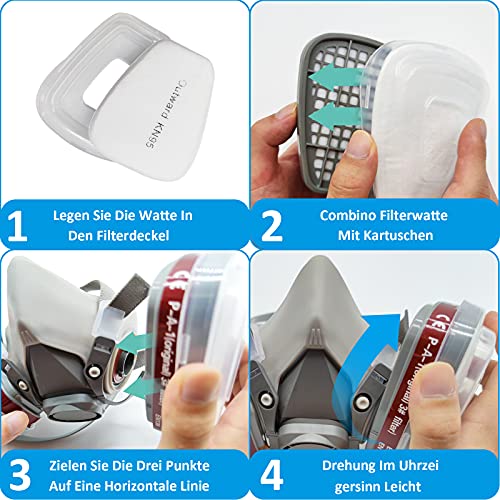 Prassia Atemschutzmaske, Gasmaske mit Filter Staubmasken Atemschutz Feinstaub Atemschutzmaske Lackierer 12 Filtrierbare Wattepads,Wiederverwendbare Vollmaske für Farbspritz,Graffiti,Lackier - Image 6