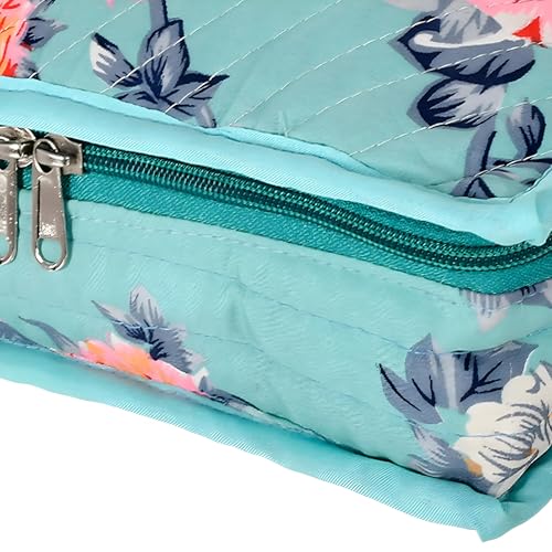 Image of Kuber Industries Flower Printed Portable Cotton Jewellery Organizer /Case /Bag With 6 Transparent Pockets (Green)