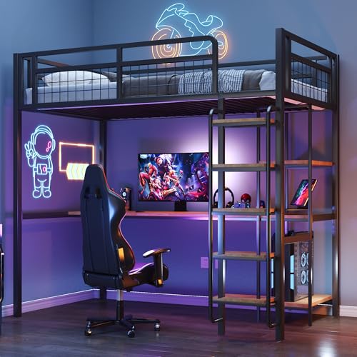 Merax Kinderbett Hochbett,Metall,90x200 cm, mit Schreibtisch,mehrere Regalen,Sicherheitsleiter mit Treppenstufen, Metallgitter-Sicherheitszaun, für...
