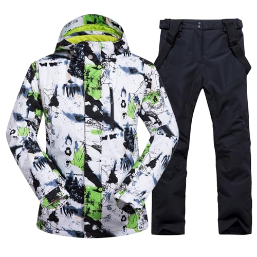 ALSOGO Herren Ski Jacke und Hosen Set Ski Anzug Winter Wasserdicht Winddicht Kapuze Schneemantel 2-Stücke Snowboard Sets 336-gr-Black XL