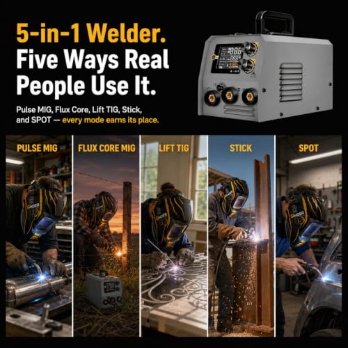 Image of SSIMDER 5 in 1 MIG Welder, 140A Pulse Spot Dual Voltage Portable | Flux Core /Lift TIG /Stick, Synergic Control, ARC Force, Auto Body Repair, Farm Fence, DIY Metal Art, IGBT Inverter